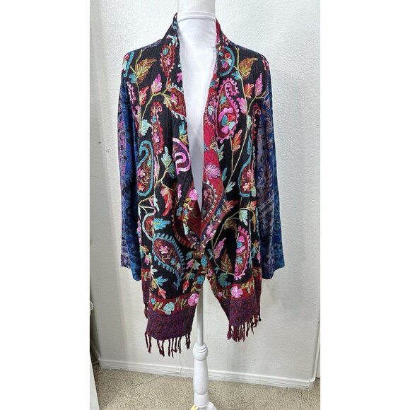 Soft Surroundings Sweater Boho Embroidered Open Fringe Kimono Cardigan SZ: Large - Picture 2 of 7